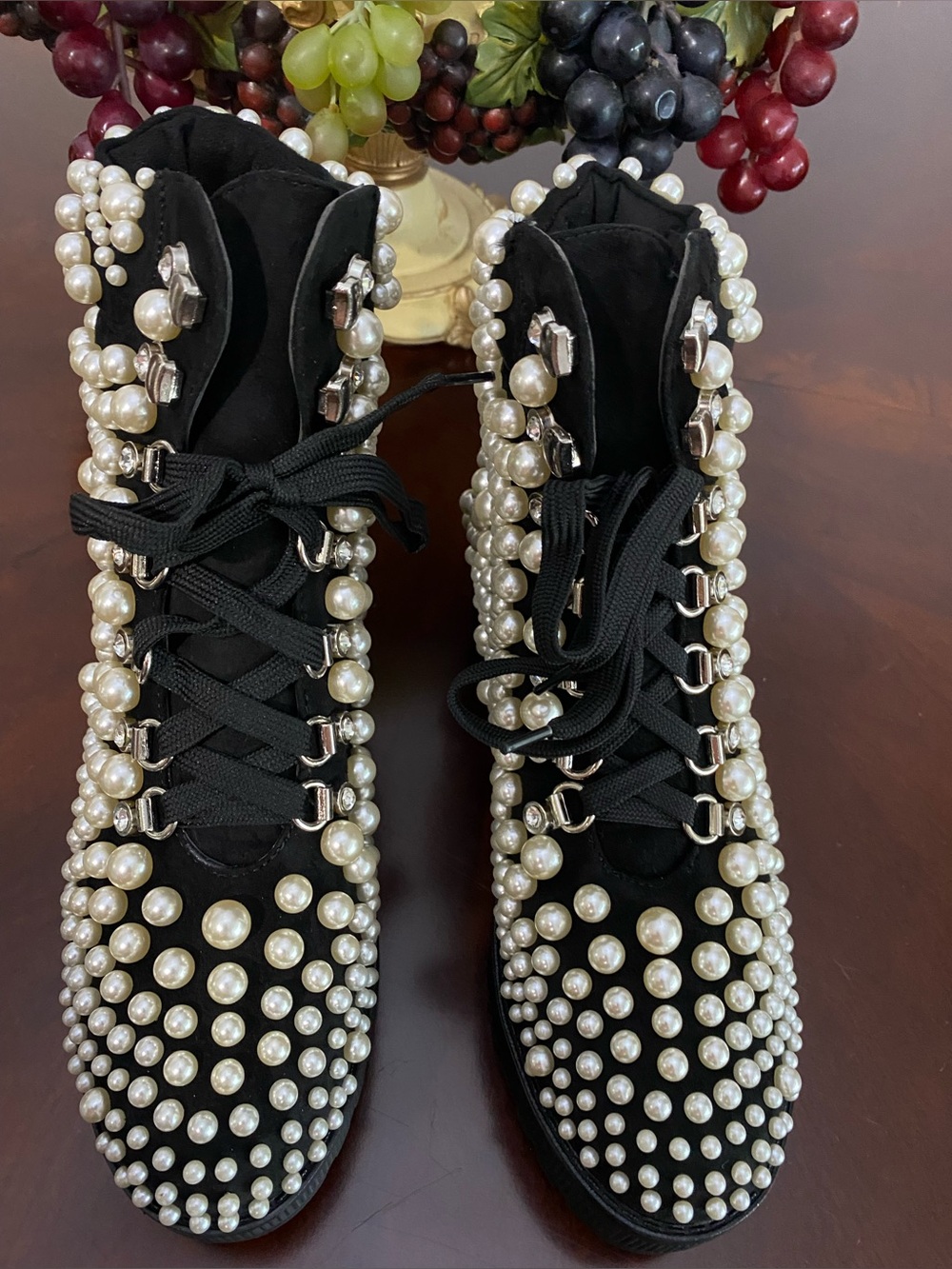 Pearl-Embellished Black Lace-Up Women's Boots